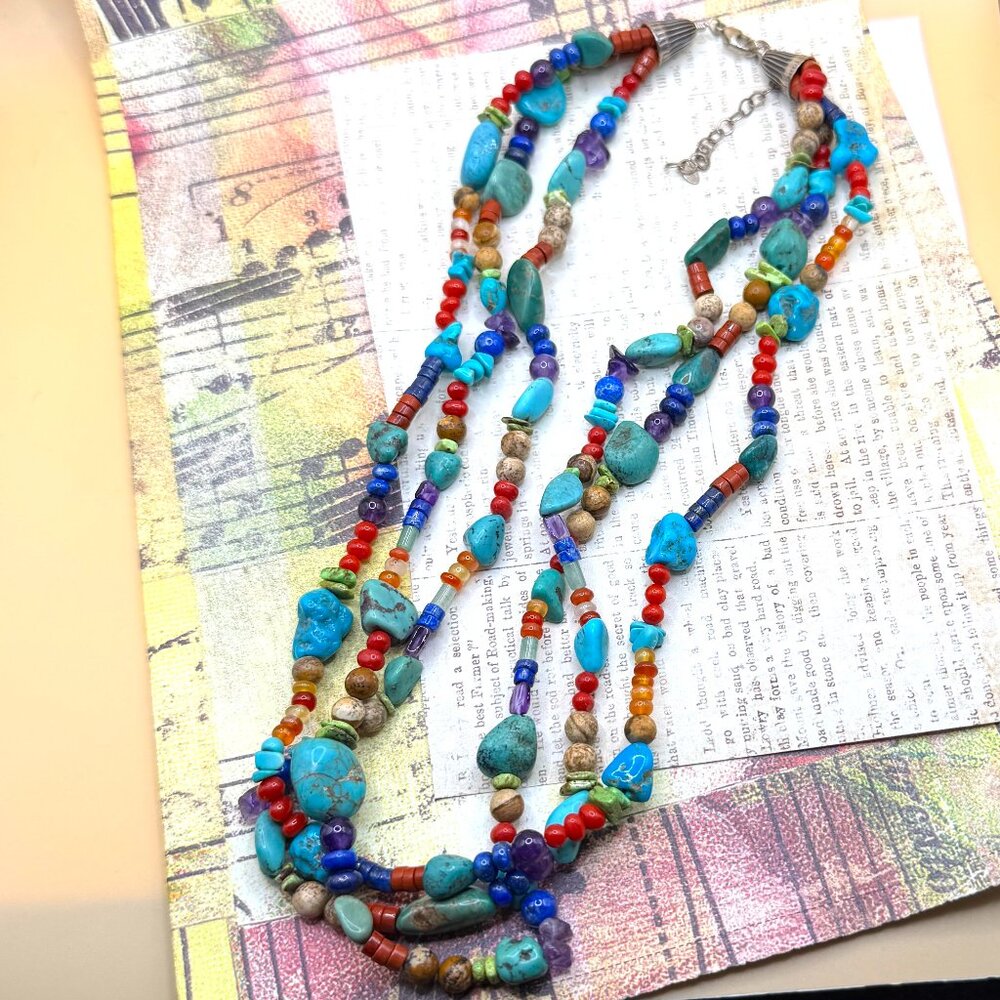 Long Sterling Silver Gem Stone Necklace Layered Boho Turquoise Mixed Bead Bib